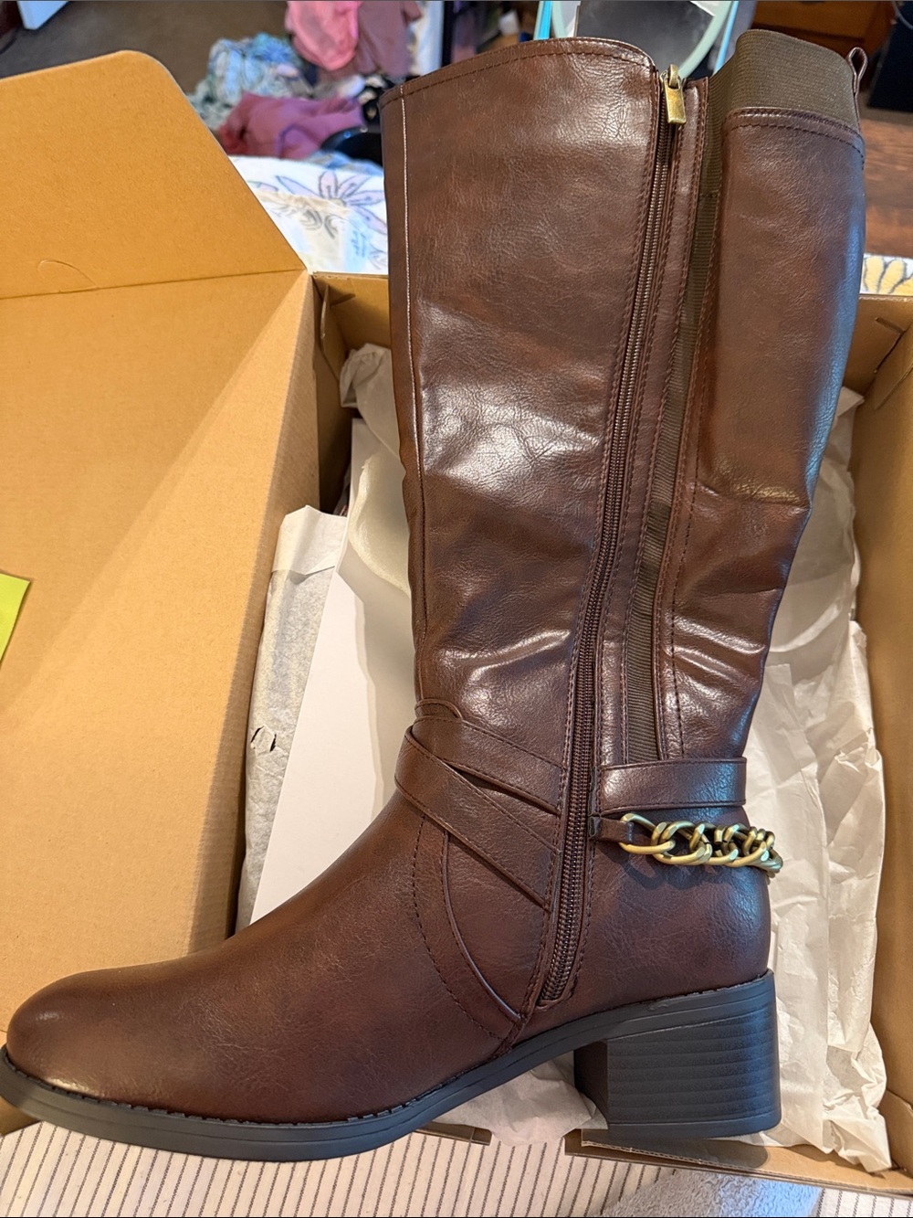 #35 - NEW - Cloudwalker’s Women’s Brown Mid-Calf Boots “Tamara” w/ Chain Accent